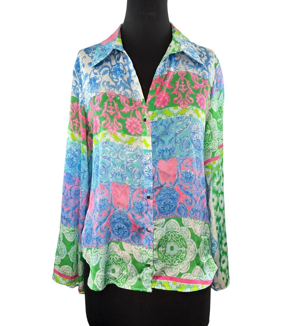 ZARA Multi Shirt Colorblock Floral Collared Curved Hem Button-Up Size Large L